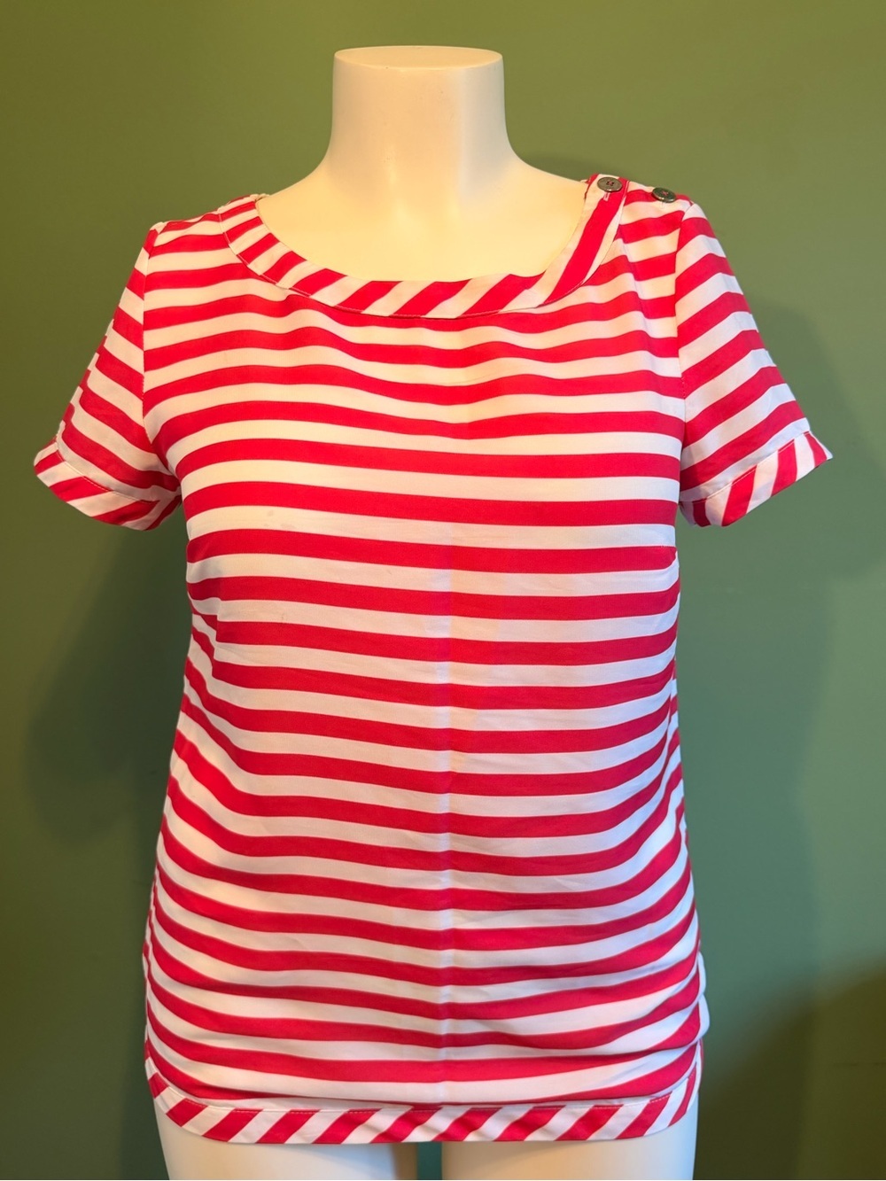 Tommy Hilfiger Pink and White Striped Short Sleeve Top with Button Shoulder